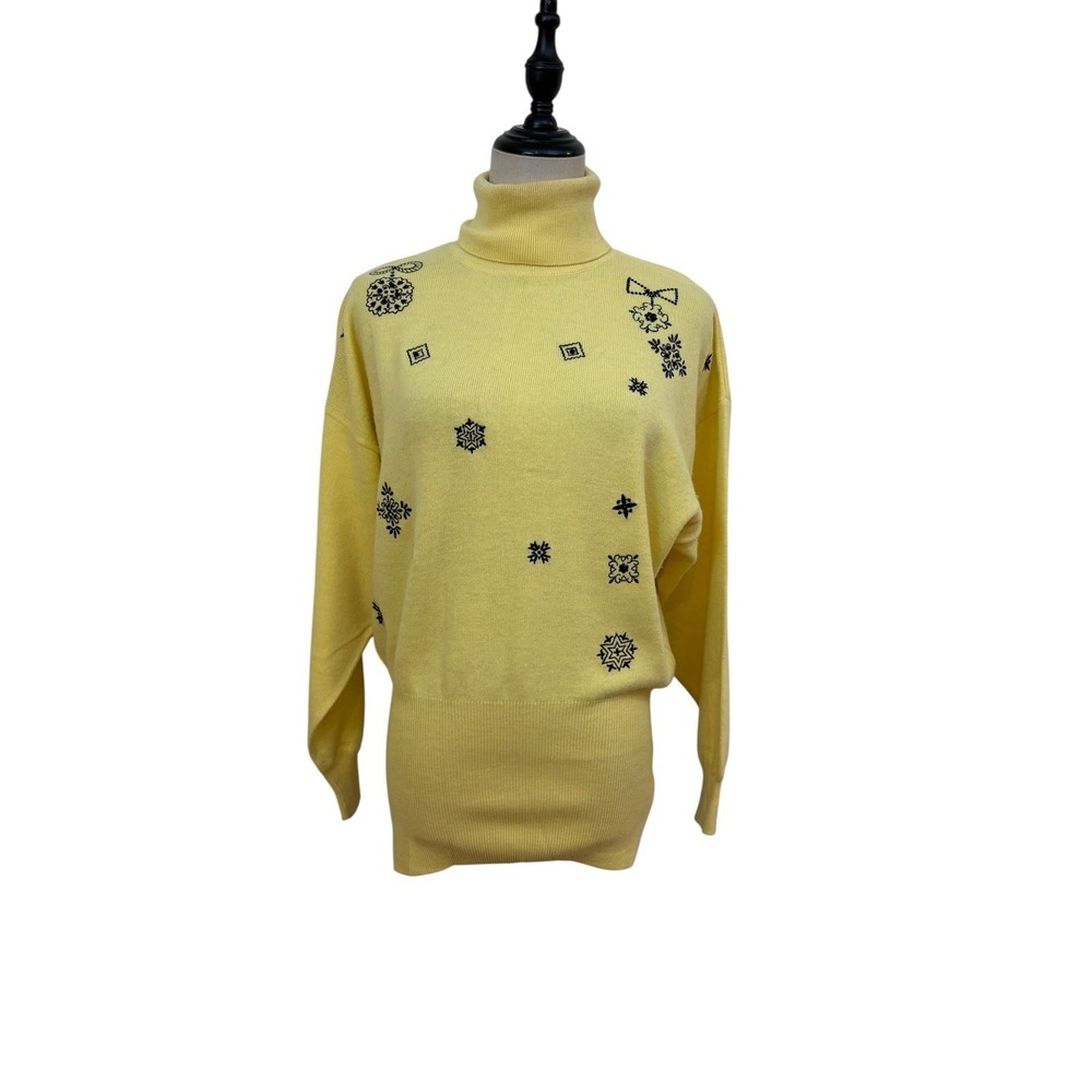 Vtg Escada Butter Yellow Turtle Neck Sweater Embroidered Sz 38 Wool Cashmere